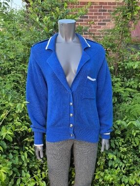 Worthington (Korea) Ladies Vintage Royal Blue Knit Cardigan Gold Button Accents*